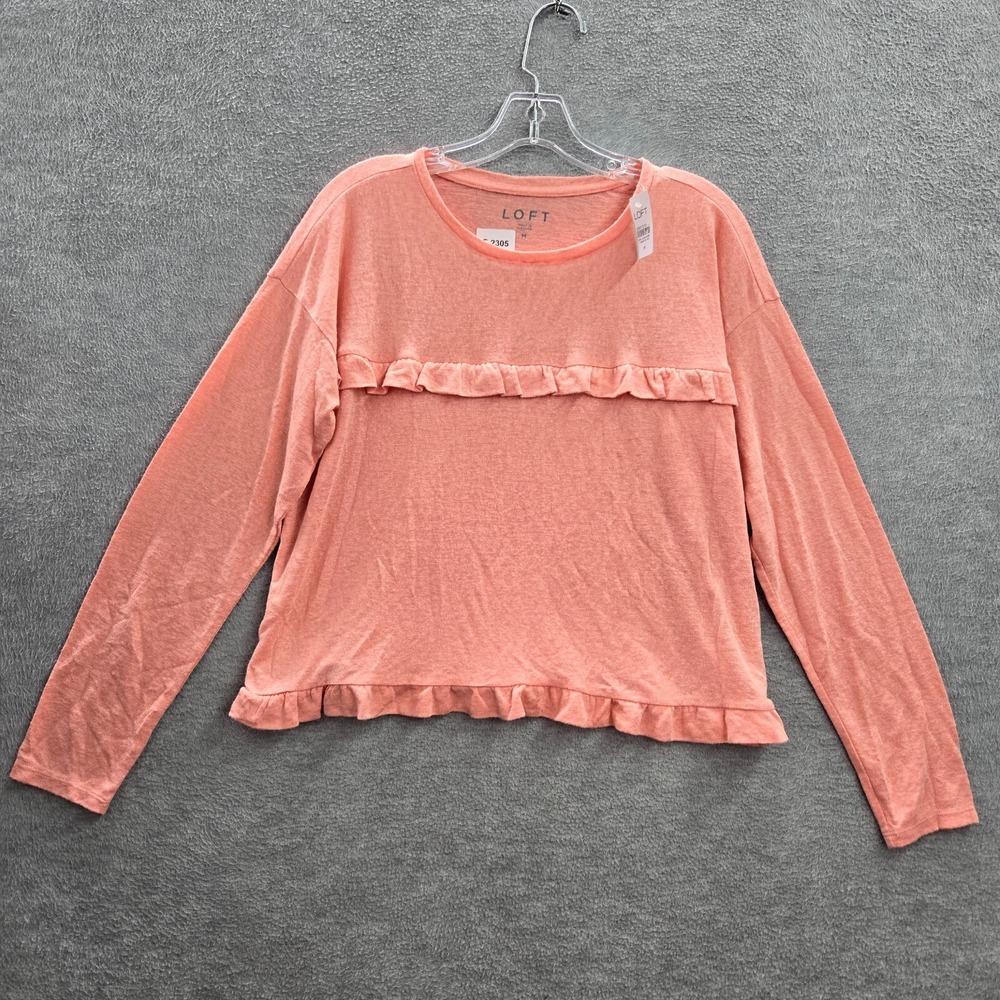 Loft Women Top Medium Pink Crop Shirt Ruffle Long Sleeve Peplum Hem NWT